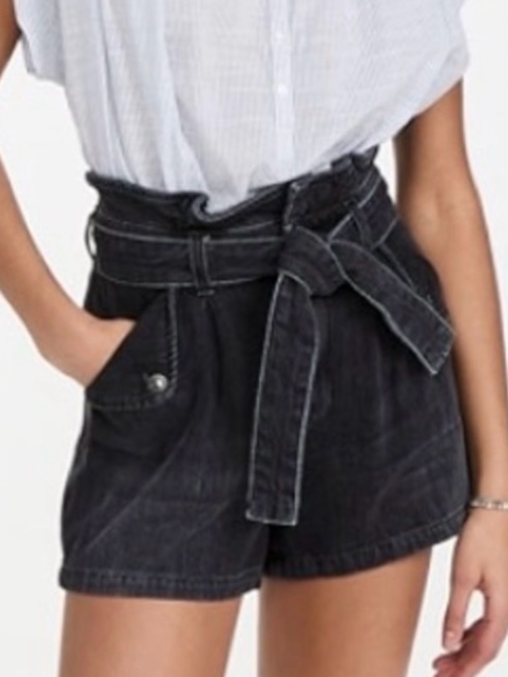 Veronica Beard Nori Extra High Rise Black / Charcoal Paperbag Denim Shorts